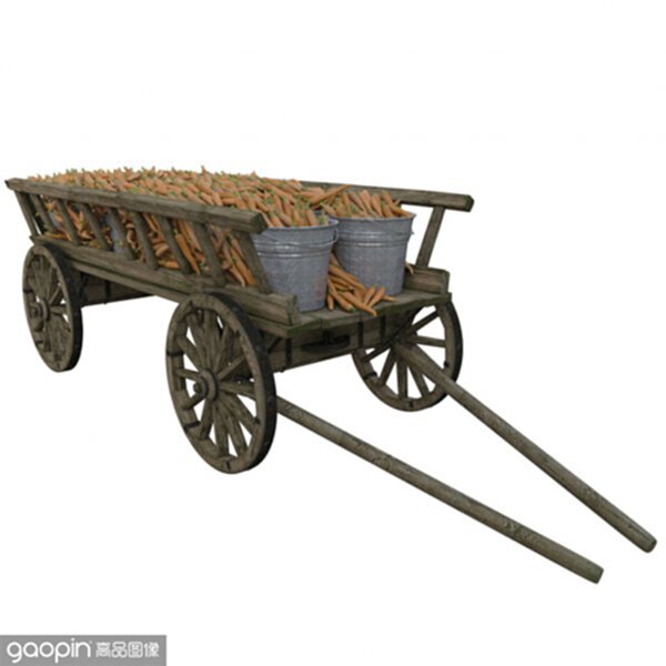 harvested carrots in a wooden cart