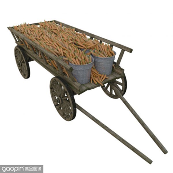 harvested carrots in a wooden cart